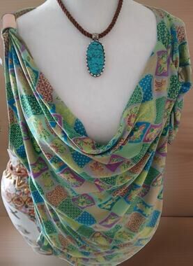 Vertigo Green/Blue/Purple/Yellow Geometric Cowl Neck Short Sleeve Blouse XL